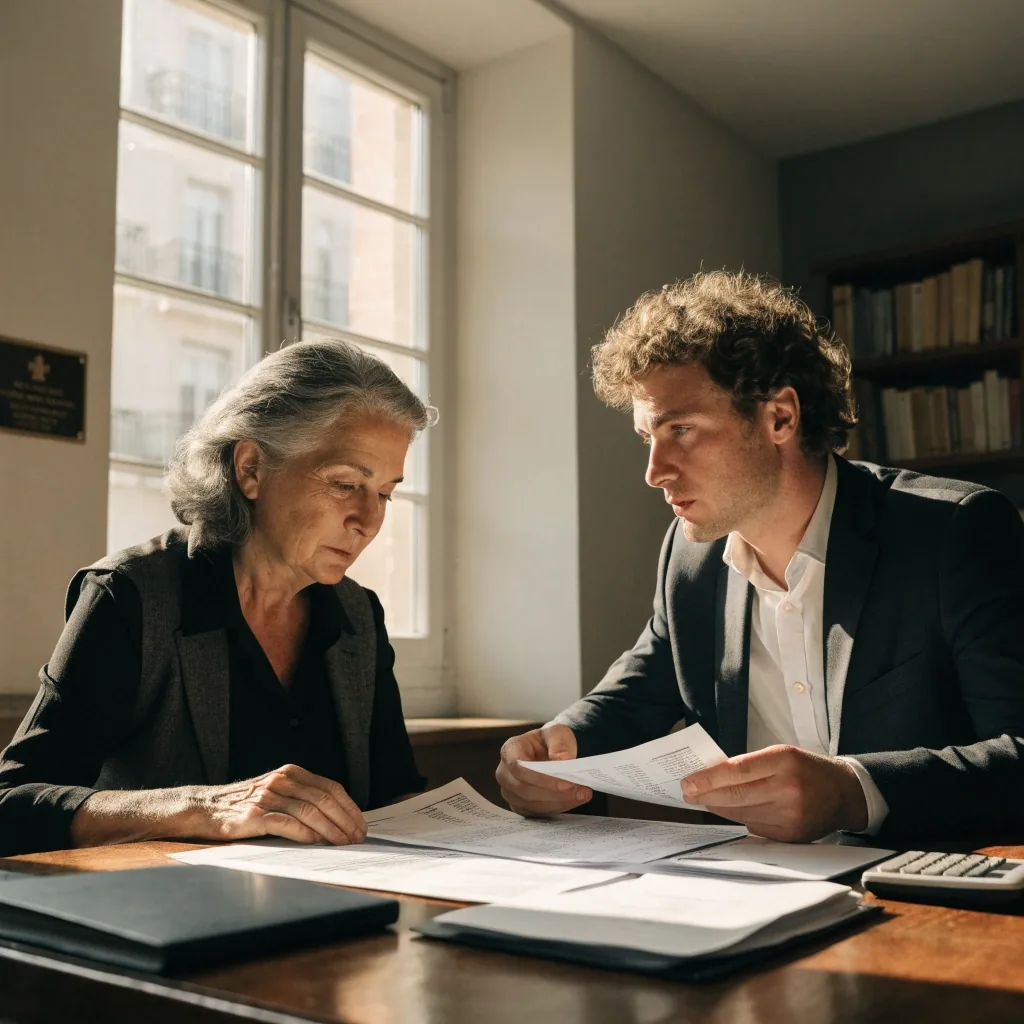 Asesora y cliente comparando documentación de planes de pensiones sobre una mesa en una oficina de Madrid