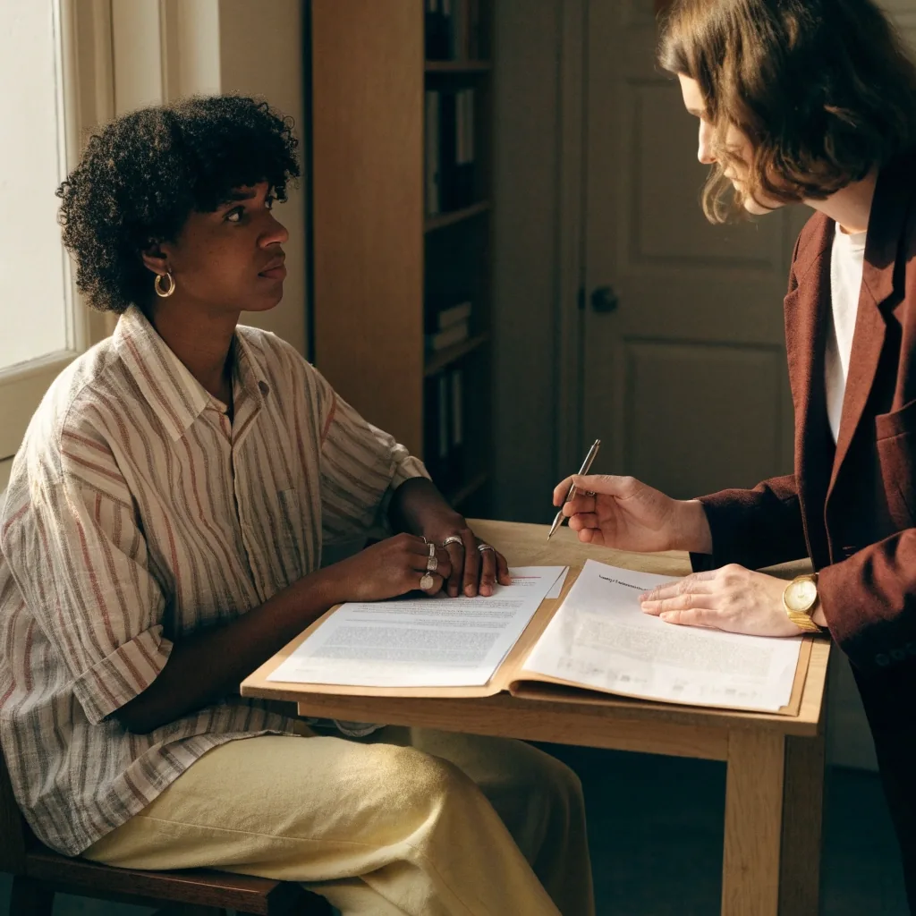 Dos personas revisando juntas una carpeta con información comparativa en una oficina