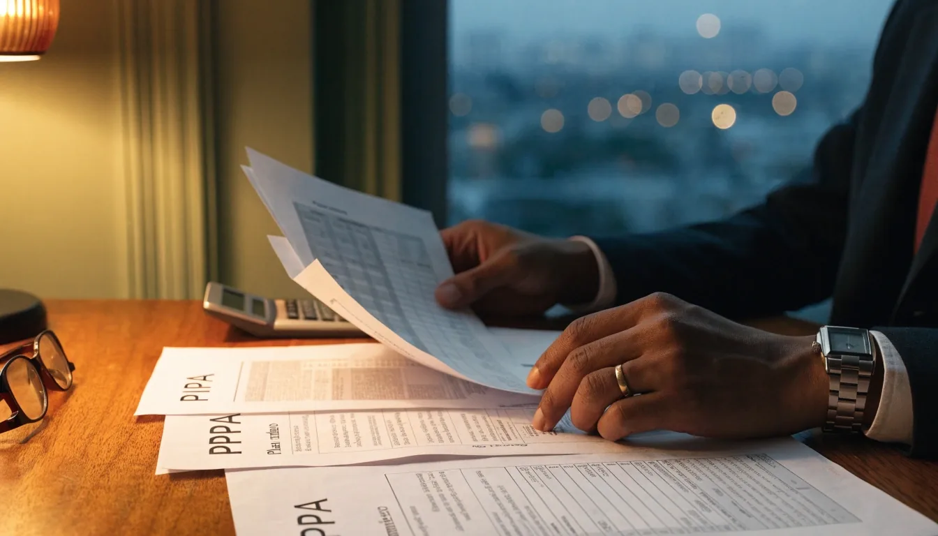 Carpeta con documentación de planes de pensiones abierta sobre una mesa al atardecer en Madrid