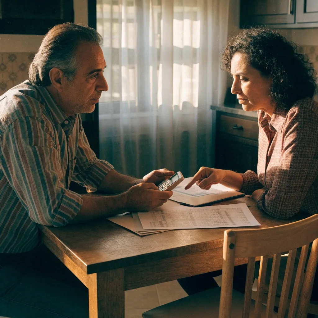 Dos personas de mediana edad revisando juntas los datos de sus planes de pensiones en una mesa de casa