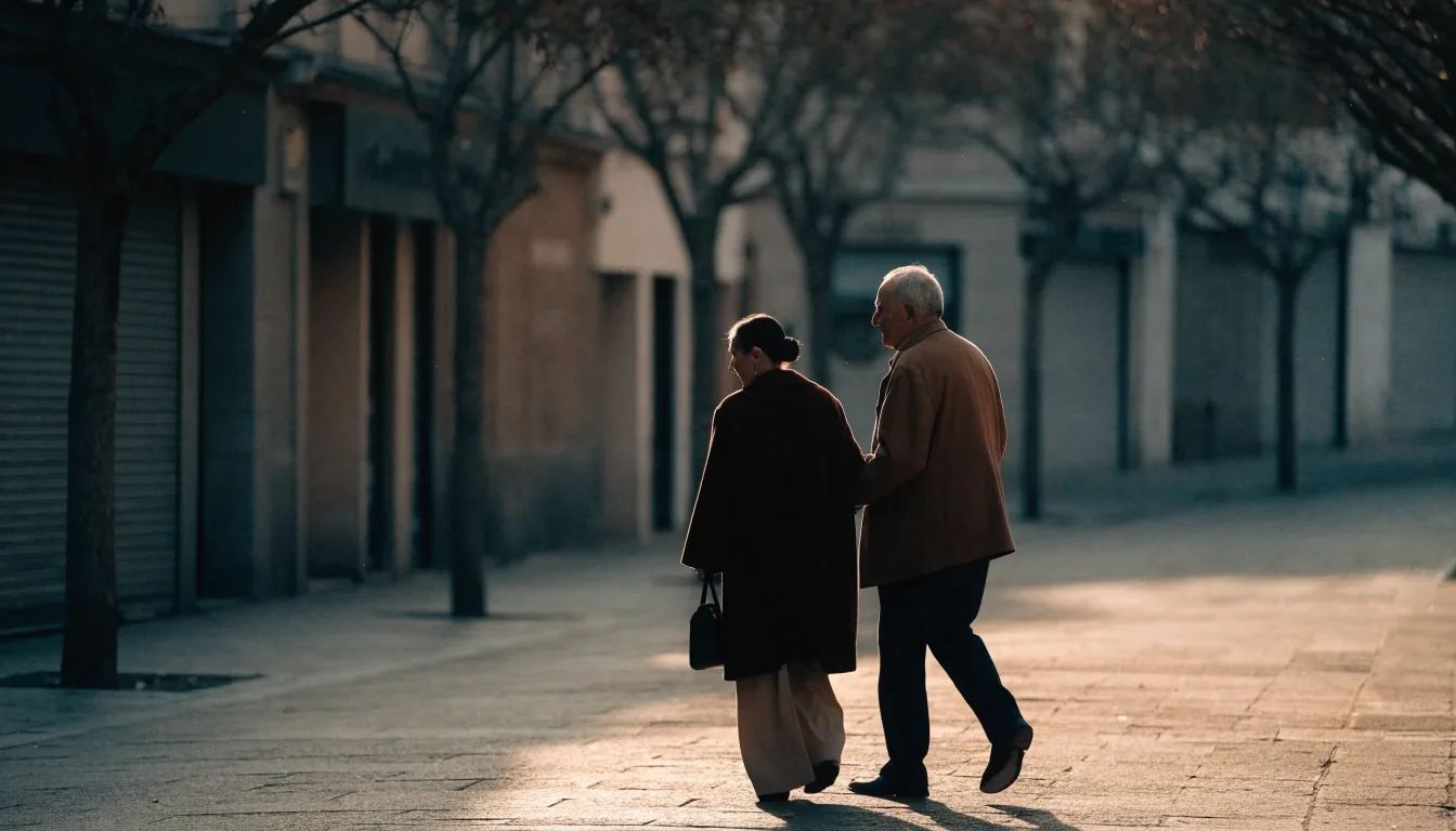Pareja paseando por una calle de Madrid en su etapa de jubilación