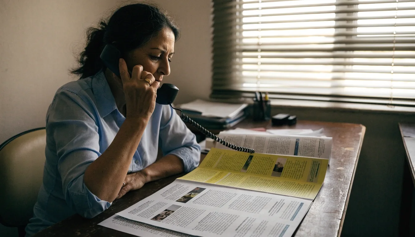 Mujer comparando folletos de seguros de ahorro sobre un escritorio mientras consulta por teléfono