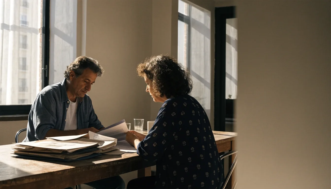 Pareja revisando documentos de planes de pensiones en una mesa de comedor
