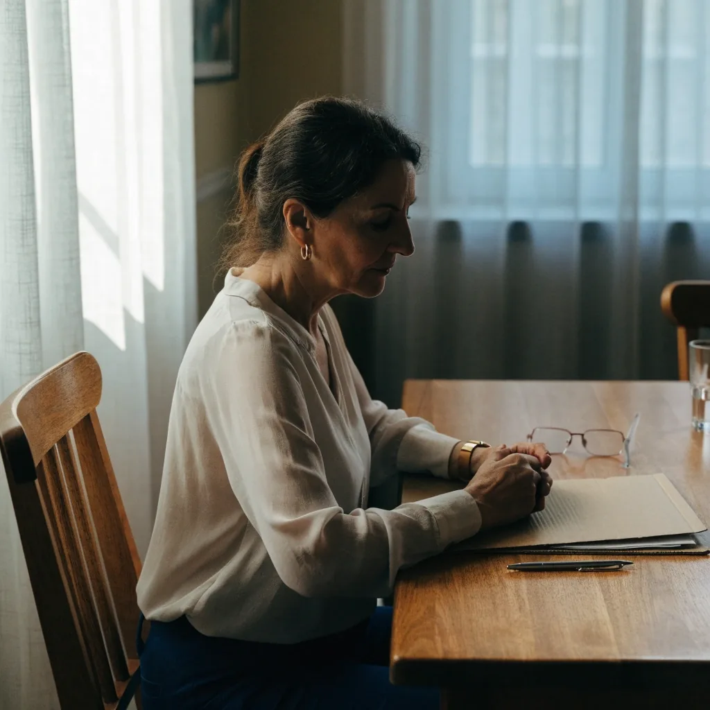 Carpeta personal sobre una mesa de cocina, con un bolígrafo y unas gafas de cerca al lado