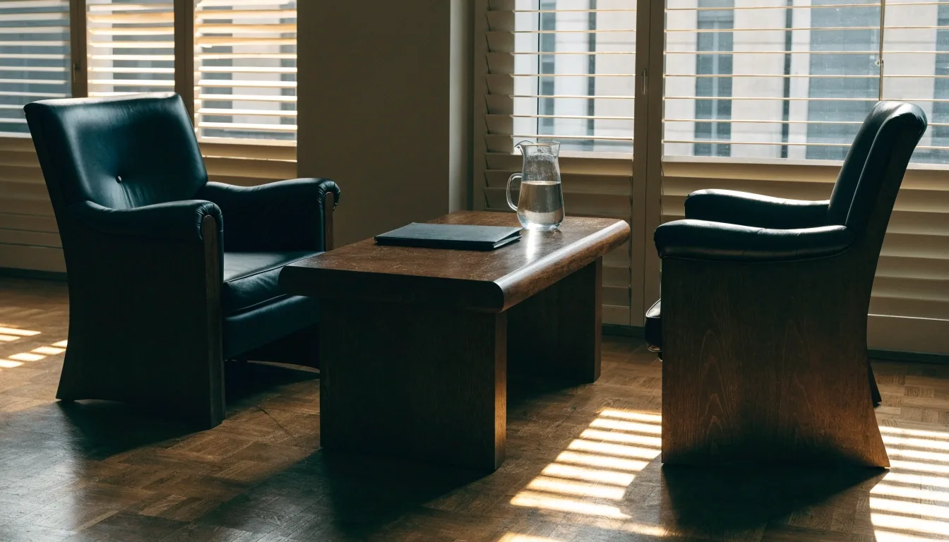 Despacho de Madrid al final de la jornada, con luz cálida de tarde y una mesa de trabajo ordenada