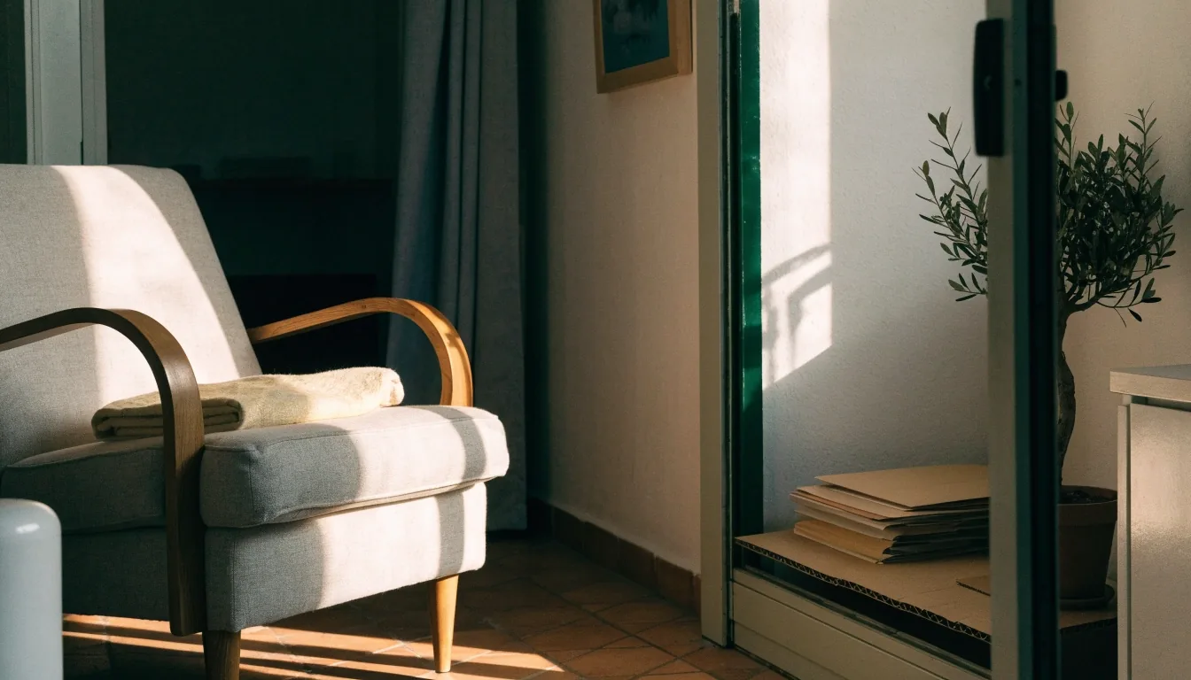 Salón madrileño con balcón abierto por la tarde, luz suave sobre una estantería de carpetas