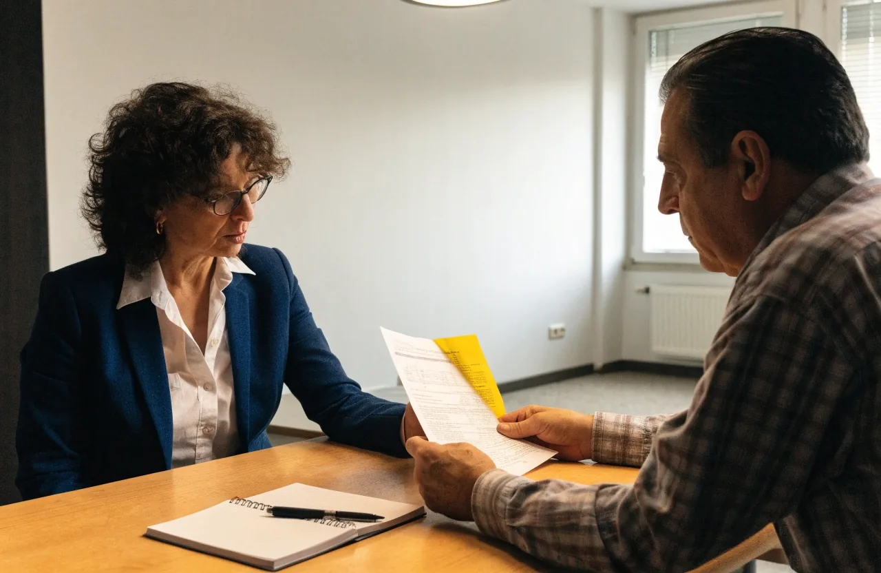 Asesora y cliente revisando juntos un resumen de ahorro para la jubilación en una oficina de Madrid
