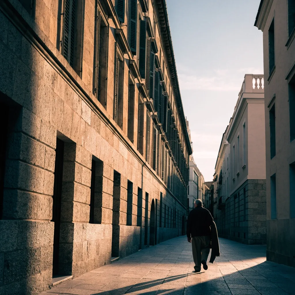 Amanecer en una calle de Madrid con una persona mayor caminando