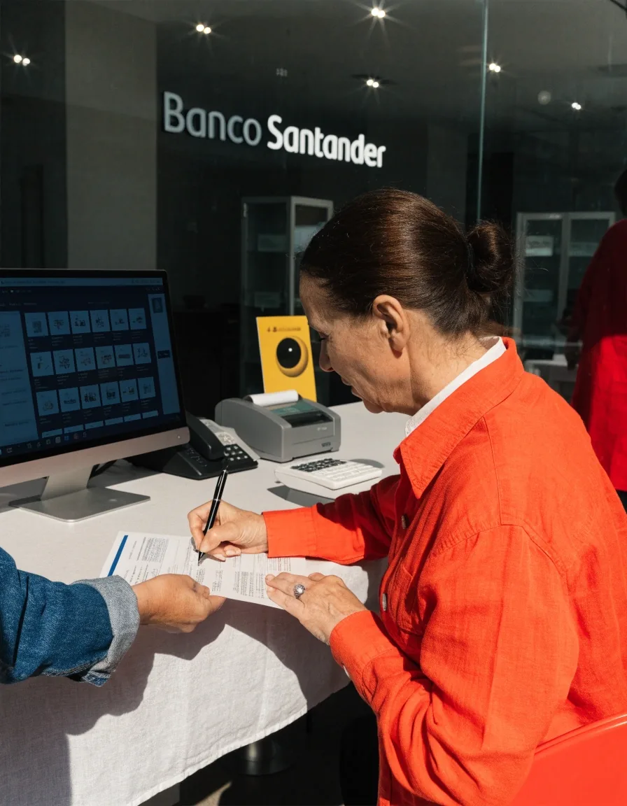 Manos de una hija ayudando a su madre mayor a revisar documentos de la pensión en una mesa