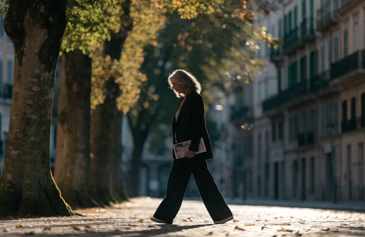 Mujer de unos sesenta años paseando por una avenida arbolada de una ciudad española en otoño